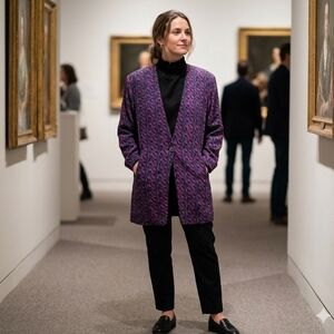 Vintage Women's Purple Patterned Suede-Like Material Single-Button Blazer